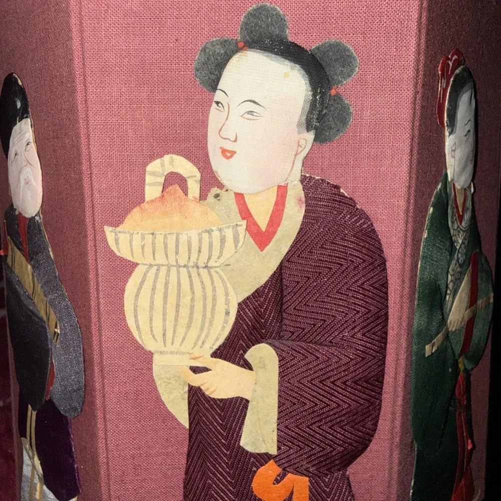 Vintage Chinese 8 Immortals Octagon Waste Basket Silk Paper Folding Garbage Can
